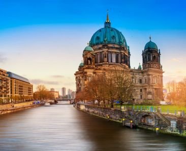 Beautiful panoramic view of Berlin Dome during sunset against  blue sky